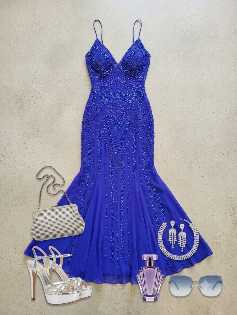 Y2K JUMP Apparel Royal Blue Fully Beaded Strappy V-back Formal Gown